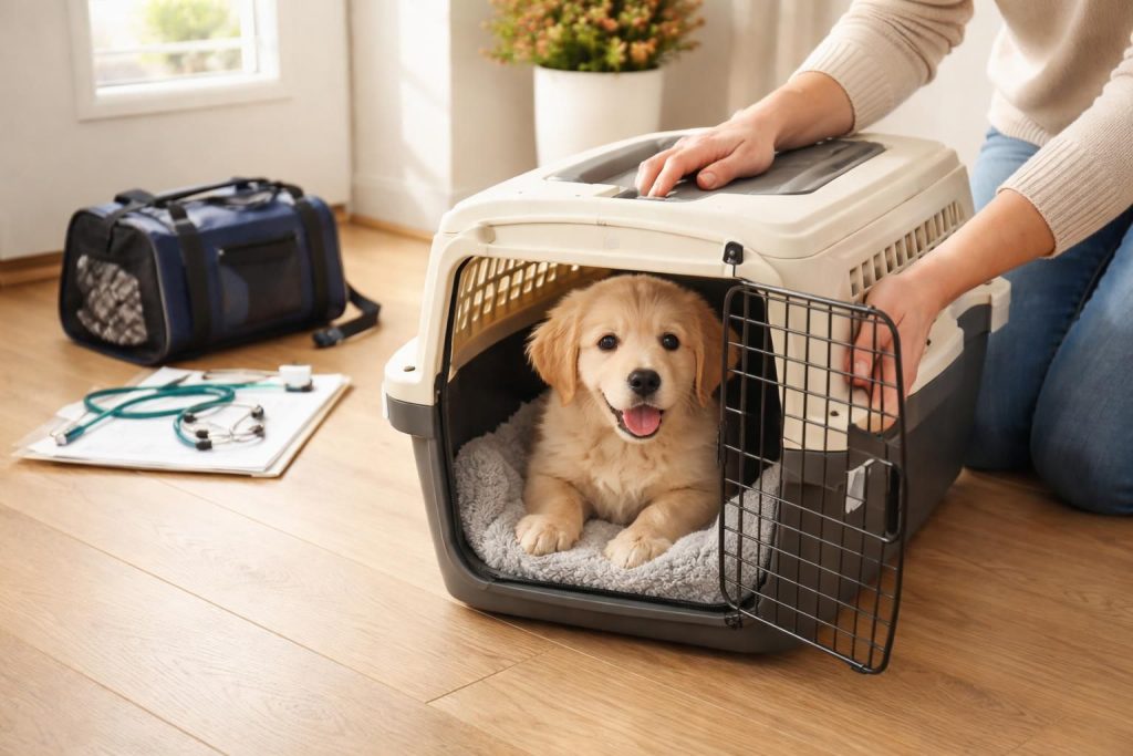 Adopter un chiot et préparer son transport en caisse sécurisée pour visites vétérinaires régulières