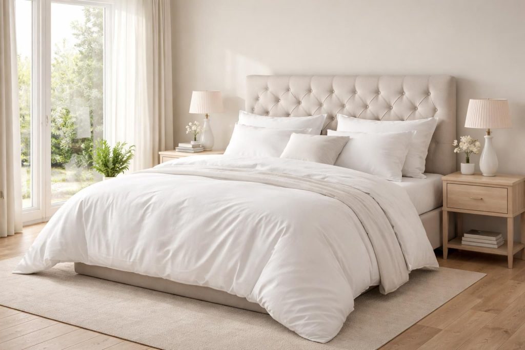 Décorer une chambre parentale avec du linge de lit Blanc des Vosges et tête de lit capitonnée