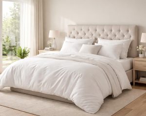 apprenez à décorer une chambre parentale élégante et apaisante avec du linge de lit blanc des vosges et une tête de lit capitonnée pour un confort et un style incomparables.