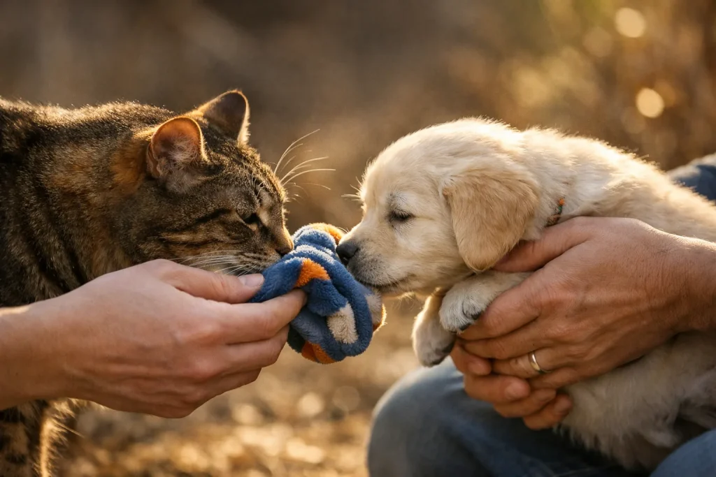 Présenter un chiot à un chat adulte : odeurs d’abord, regards ensuite
